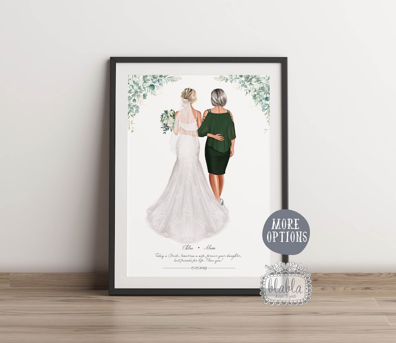 Puede incluir: Una ilustraci&oacute;n de acuarela de una novia y su madre caminando por el pasillo. La novia lleva un vestido de novia blanco con velo y lleva un ramo de flores blancas. La madre lleva un vestido verde. El texto "Bride - Mom" y "Today a Bride, tomorrow a wife, forever your daughter, but friends for life. I love you!" est&aacute; impreso debajo de la ilustraci&oacute;n.