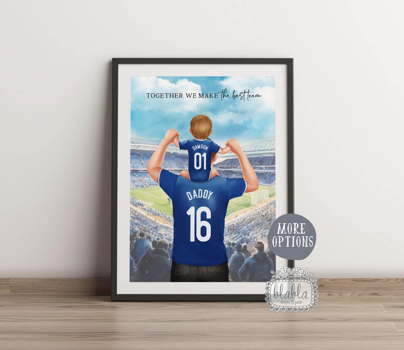 May include: A digital illustration of a father and son wearing matching blue soccer jerseys with the text "Together we make the best team". The father is wearing a jersey with the number 16 and the text "Daddy" on it. The son is wearing a jersey with the number 01 and the text "Dawson" on it.
