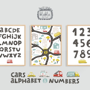 3er Set, Kinderzimmer, Autos Road Alphabet Print, Kinder Lernbild, Kinderzimmer Dekor, ABC, Zahlen, Initiale