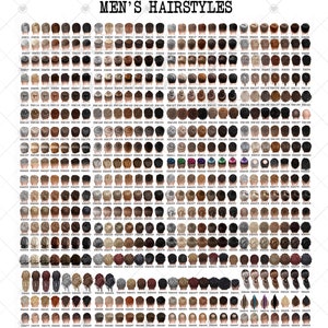 May include: A chart of 100 different men's hairstyles, each with a unique style and color. The hairstyles are numbered and labeled with a code.