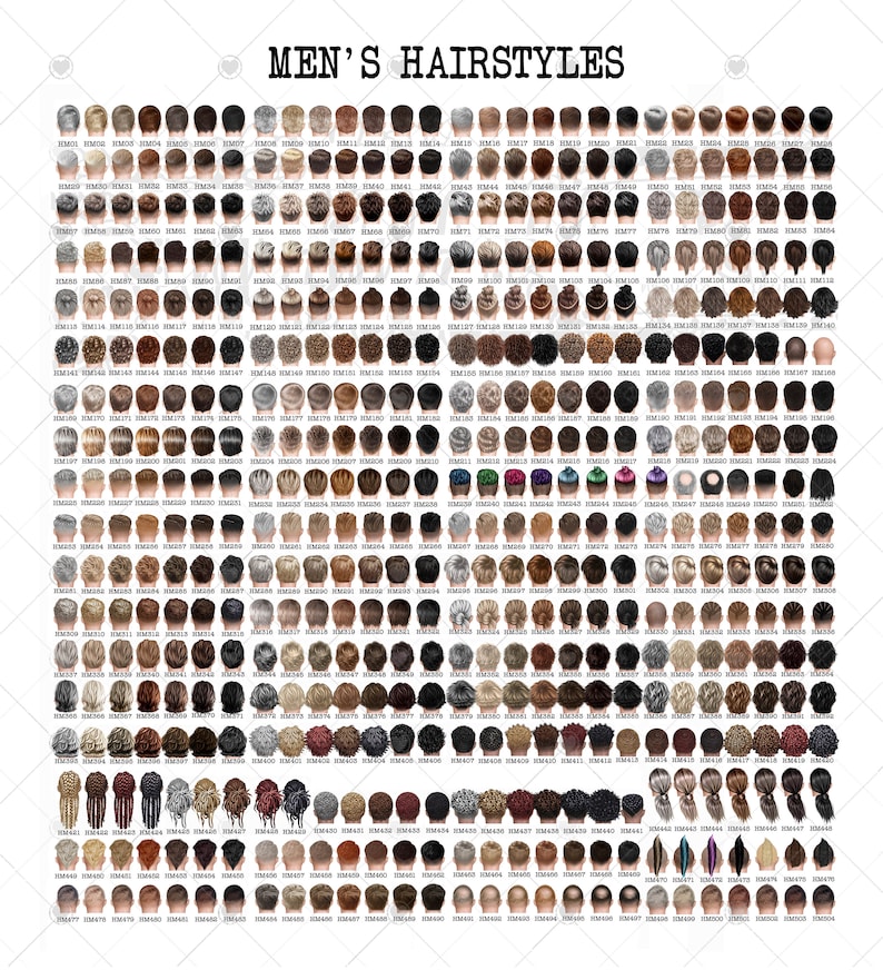 May include: A chart of 100 different men's hairstyles, each with a unique style and color. The hairstyles are numbered and labeled with a code.