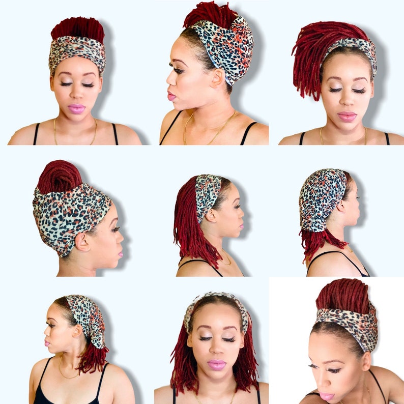 May include: A woman with red dreadlocks is wearing a leopard print headband in various styles. The headband is made of a soft, stretchy fabric and is available in a variety of colors.