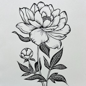 Peony • Original Linocut Block Print • Hand Carved & Hand Printed • Floral Artwork