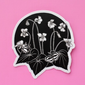 Pegatina de linograbado violeta • 3" x 3" • Blanco y negro • Troquelada • Calcomanía para portátil