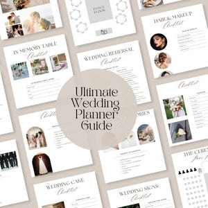 Könnte beinhalten: Eine Sammlung von Checklisten und Ratgebern zur Hochzeitsplanung, einschließlich Abschnitte für Tanzfläche, Haare und Make-up, Blumen und Hochzeitstorte. Das zentrale Designelement ist eine kreisförmige Grafik mit dem Text "Ultimate Wedding Planner Guide."