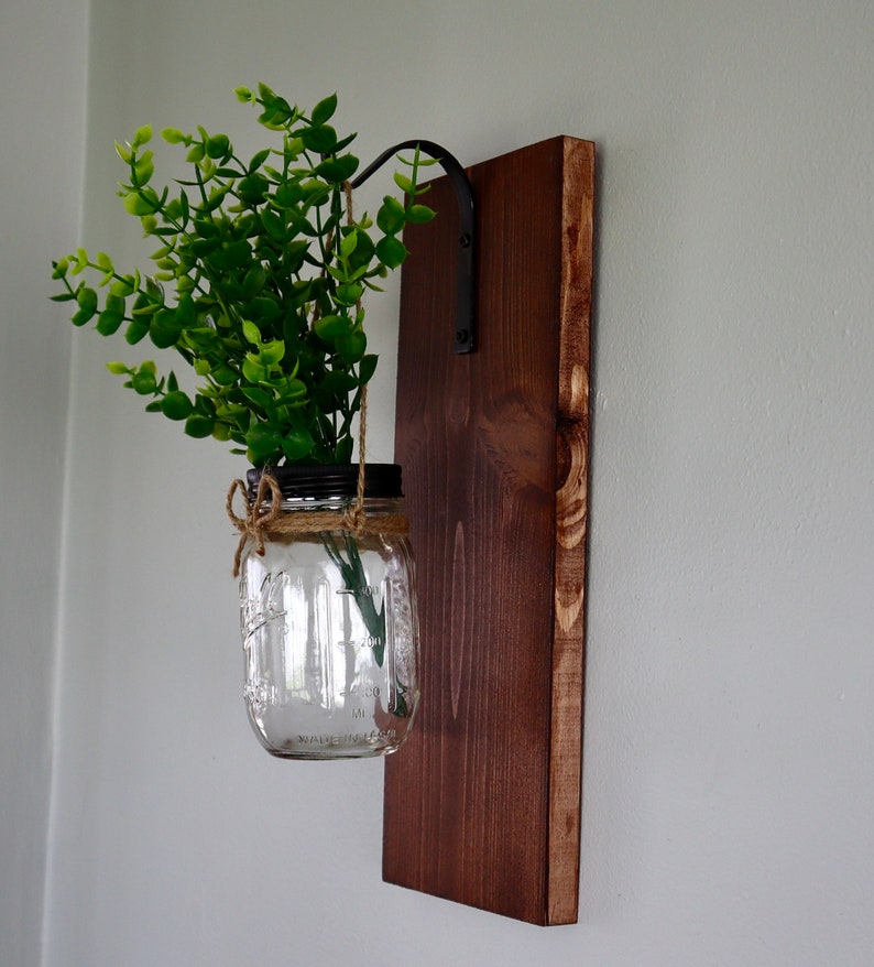 Farmhouse Wooden Wall Sconce With Hook Jar and Greenery Etsy