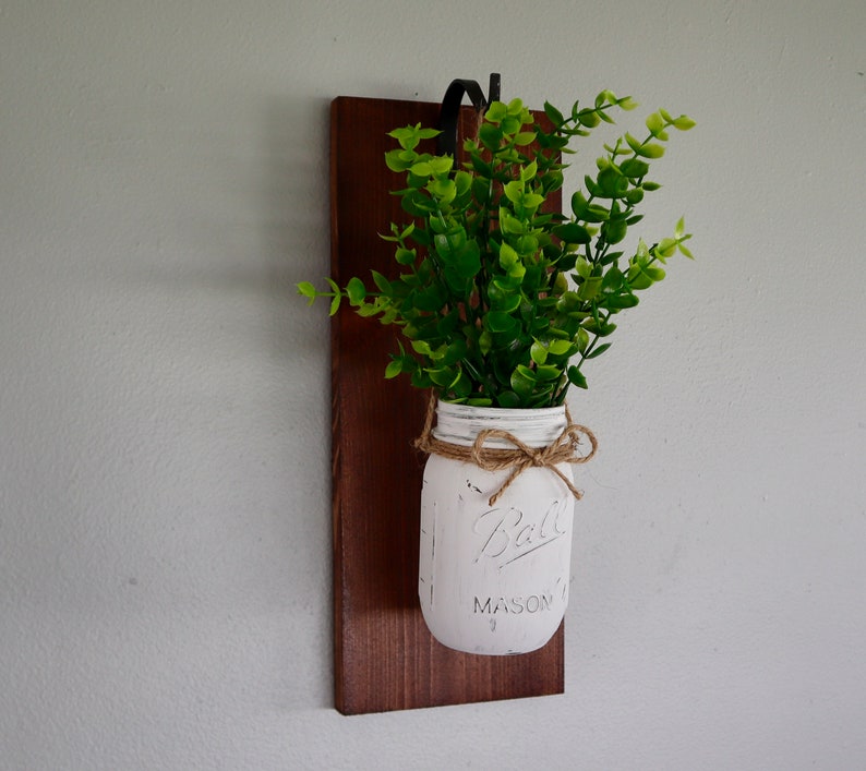 Farmhouse Wooden Wall Sconce With Hook White Jar and Greenery Etsy