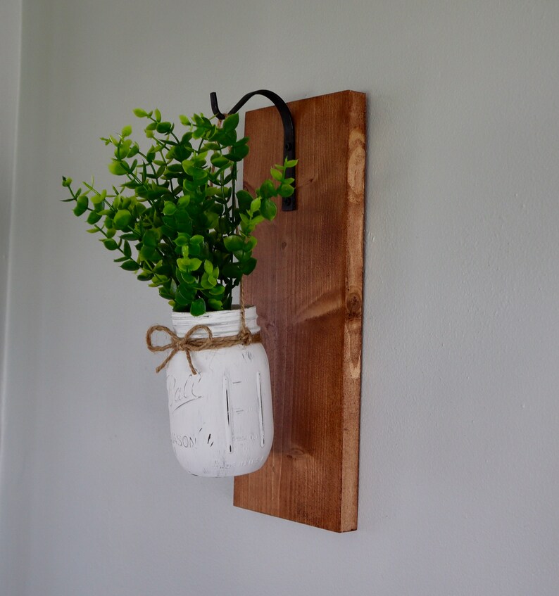 Farmhouse Wooden Wall Sconce With Hook White Jar and Greenery Etsy