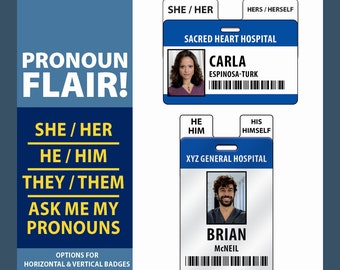 Peut inclure: Deux badges d'identification bleus et blancs avec des photos et du texte. Le badge du haut indique "Sacred Heart Hospital" et "Carla Espinosa-Turk". Le badge du bas indique "XYZ General Hospital" et "Brian McNeil".
