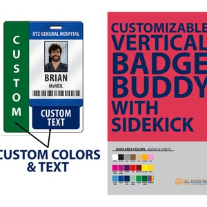 Custom Vertical Badge Buddy with Sidekick - Plastic Card Color and text customizable for Vertical Credit Card Sized ID Badge