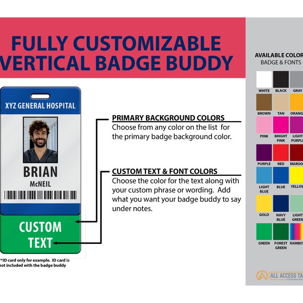 Customized Vertical Badge Buddy - Badge Color and Custom Text - Plastic Badge