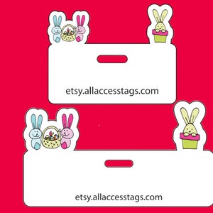 May include: Two printable gift tags featuring a bunny rabbit design. The tags are white with a hole for a ribbon. The text on the tags reads "etsy.allaccessstags.com".