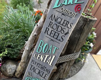Outdoor 4’ patio lake decor sign or porch plaque. The lake co. Outpost fishing sign Great gift idea!