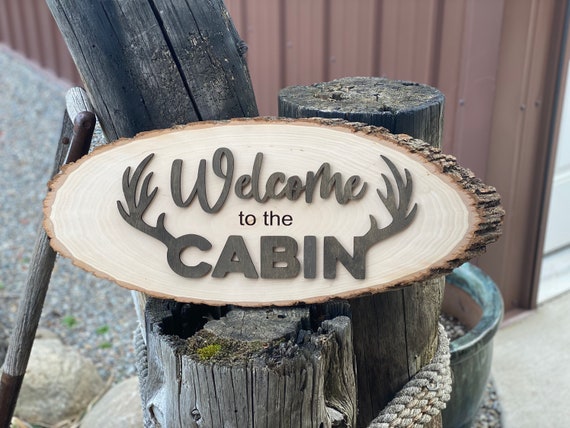 Welcome sign, cabin, rustic sign, live edge, wall decor, home decor, antlers