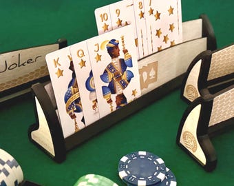 Wooden Card Holder Set of 2, Personalized Game Night Gift, Handcrafted Card Tray, Poker Rummy Canasta Holder, Custom Card Stand, Hands-free