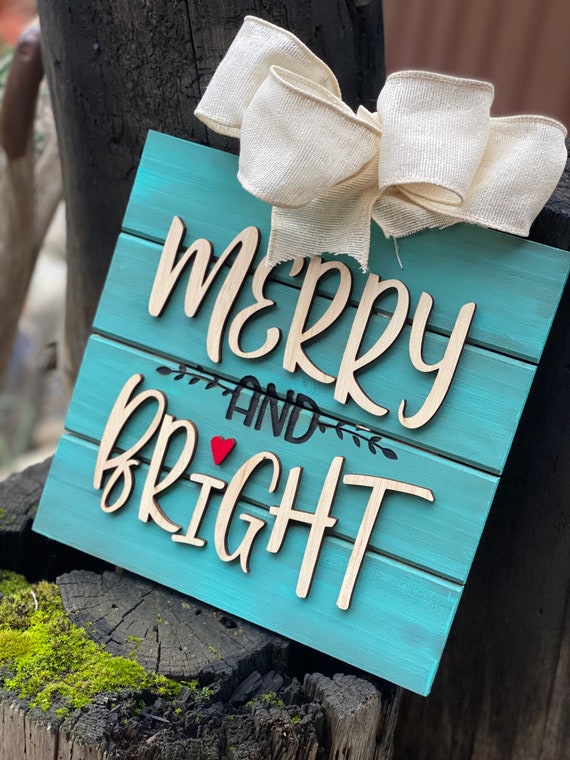 Merry and bright Christmas wooden sign in Turquoise with red heart! Christmas sign, home decor, Christmas decorations, Bright and colorful