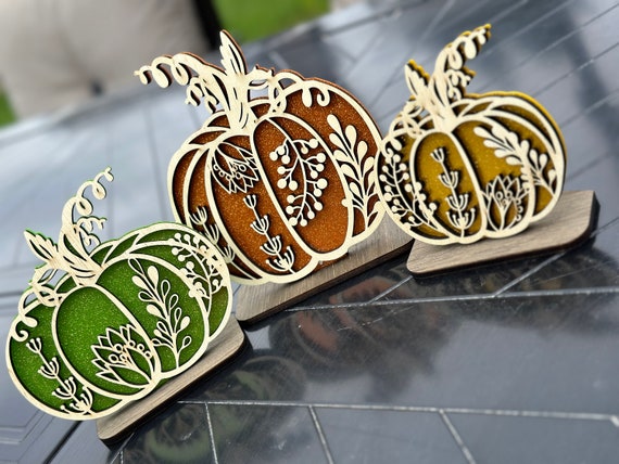 Wood Pumpkin Decor Set of 3 | Sparkle Acrylic Fall Tiered Tray Decor | Laser Cut Autumn Mantel Pumpkins | Thanksgiving Home Accent