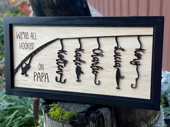 Hooked on Papa, personalized gift for home, fishing gift for him, personalized gift, with up to 5 kids names