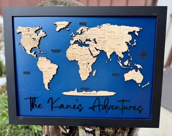 World Map, Wall Art, Personalized, Family Travel Sign, Custom Wood Map