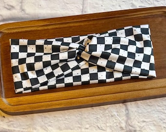 Adult Black and White Checkered with Black Splatters Stretchy Headband