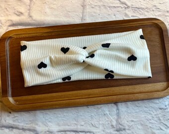 Black and White Hearts Adult Ribbed Stretchy Headband