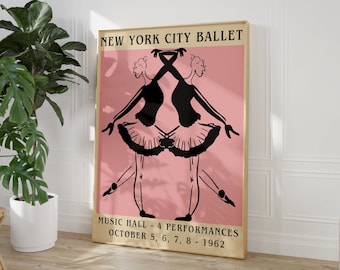 May include: A vintage poster for the New York City Ballet, featuring a black silhouette of two dancers in a mirrored pose against a pink background. The text reads "New York City Ballet" and "Music Hall - 4 Performances October 5, 6, 7, 8 - 1962".