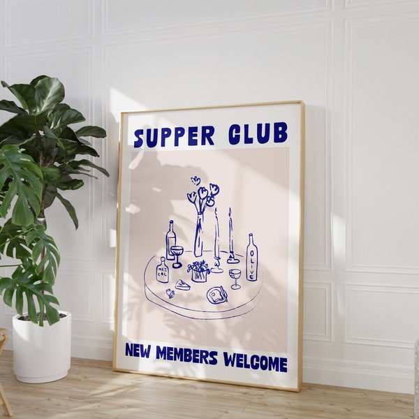 Supper Club New Members Welcome Poster - Modern Kitchen Wall Art- Wine Art- Vintage Food Poster - Retro Food Art - Mid-Century Modern Print