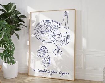 Oyster and Wine Line Art Print, Italian Inspired (Digital Download)