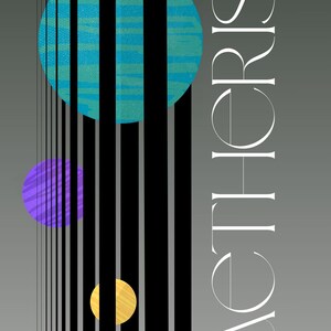 May include: Abstract art print with the text "ACTHERIS" and "Ascending". The artwork features a gray background with black vertical lines and three colorful spheres: teal, purple, and yellow. The artist's name, "ANGEL BEAUDOIN", is at the top.