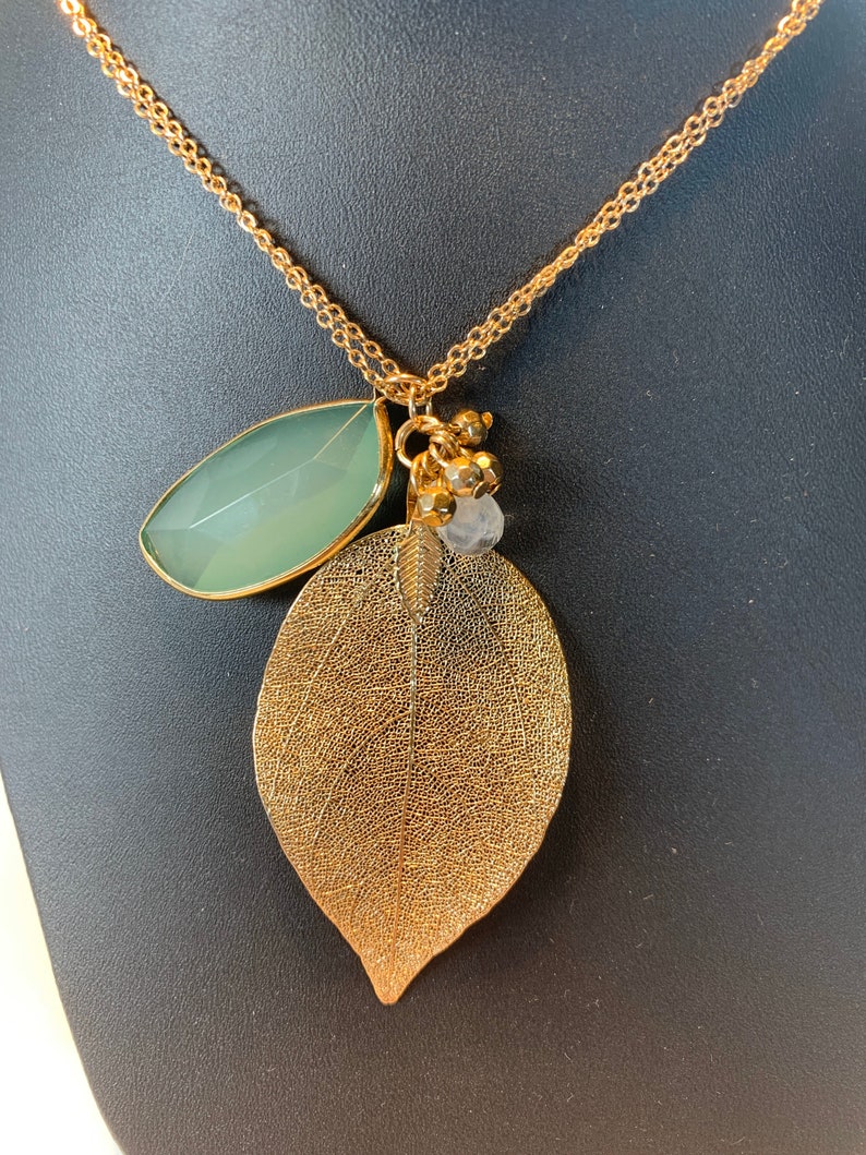 Vintage Gold leaf and emerald chain necklace