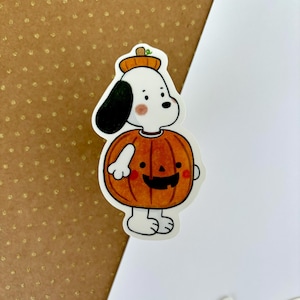 White Dog Pumpkin Halloween Sticker | peanuts dog vinyl sticker, for water bottles, laptops, phone cases, deco, journaling, scrapbooking