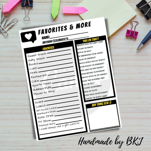 Employee Favorites List, My Favorite Things, Employee Wish list, Teambuilding, This & That Survey - INSTANT DOWNLOAD