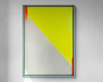 Neon Yellow Abstract Painting Contemporary Minimalist Art 50 x 70 cm Includes Floating Frame Pastel Mint