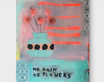 XL painting: no rain - no flowers, 80 x 100 cm, abstract art, acrylic painting, large format, original painting, with retro wallpaper
