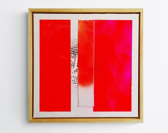 Neon red - abstract painting, contemporary minimalist art, 40 x 40 cm including shadow gap frame real wood natural