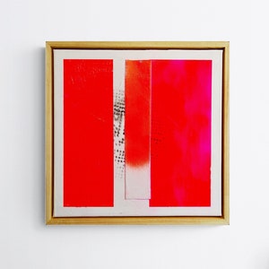 Neon red abstract painting, contemporary minimalist art, 40 x 40 cm including shadow gap frame real wood natural image 1