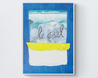 le ciel - the sky, painting 50 x 70 cm, bright blue, neon yellow, art, abstract original with stripes and structure