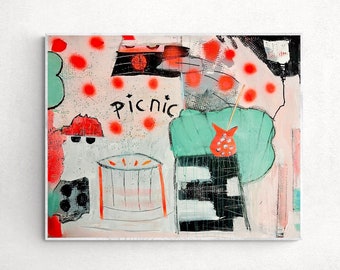 picnic - cuadro grande, 100 x 80 cm, pintura acrílica, arte callejero, boho, pintura original, cuadro pintado a mano, pintura acrílica, decoración de pared de arte moderno