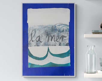 la mer, maritime painting 50 x 70 cm, neon blue, art, abstract original with stripes and structure