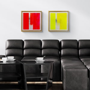 Neon red abstract painting, contemporary minimalist art, 40 x 40 cm including shadow gap frame real wood natural image 5