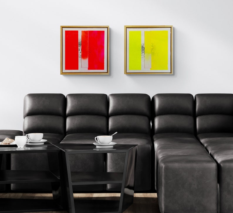 Neon red abstract painting, contemporary minimalist art, 40 x 40 cm including shadow gap frame real wood natural image 5