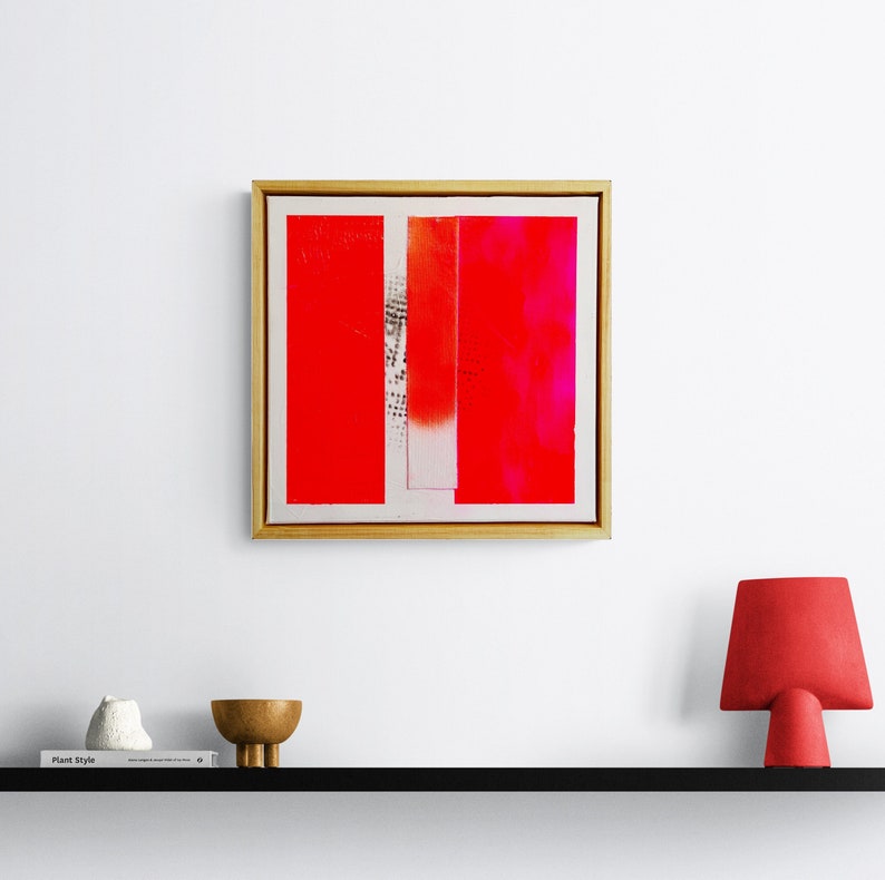 Neon red abstract painting, contemporary minimalist art, 40 x 40 cm including shadow gap frame real wood natural image 1