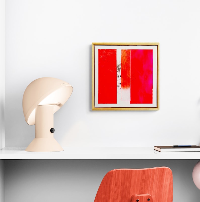 Neon red abstract painting, contemporary minimalist art, 40 x 40 cm including shadow gap frame real wood natural image 2