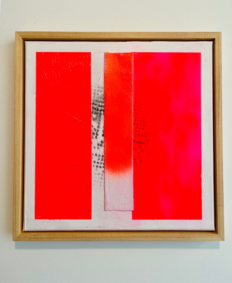 Neon red abstract painting, contemporary minimalist art, 40 x 40 cm including shadow gap frame real wood natural image 6