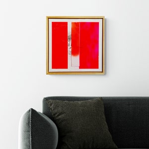 Neon red abstract painting, contemporary minimalist art, 40 x 40 cm including shadow gap frame real wood natural image 3