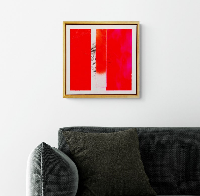 Neon red abstract painting, contemporary minimalist art, 40 x 40 cm including shadow gap frame real wood natural image 3