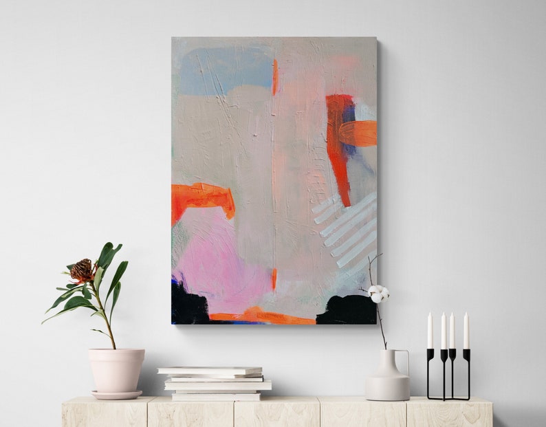 Colorful abstract landscape with neon accents on canvas, hand painted, modern art, neon, landscape 50 x 70 wall decoration image 1