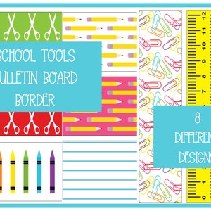 Schul-Werkzeuge Bulletin Board Border 8 druckbare Designs, Lineal Bordüre, Kreide Bordüre, Bleistift Bordüre, zurück zur Schule Bordüre