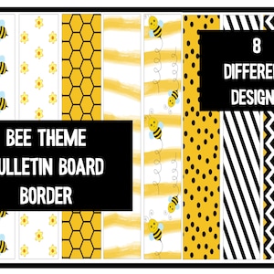 Puede incluir: Borde de tablero de anuncios con temática de abejas con 8 diseños diferentes. Los diseños incluyen abejas, panales, lunares, rayas y zigzags en amarillo y negro.