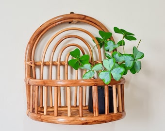 Half Moon Rattan Wall Storage Shelf, Rattan bamboo cane wall shelf